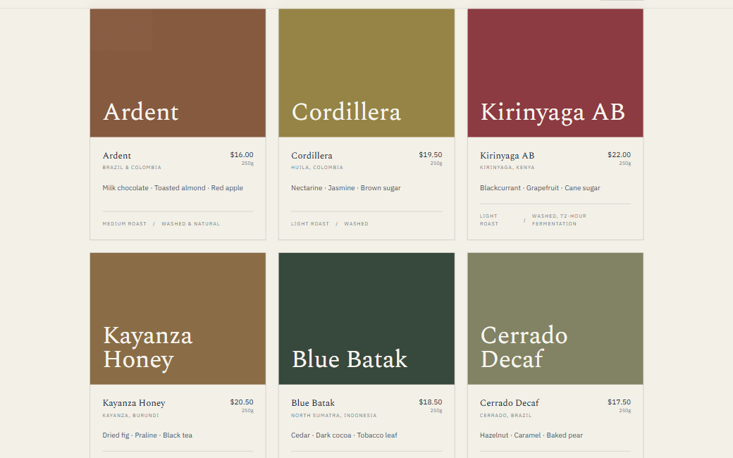 An interior page of the Fathom Coffee Roasters demonstration build, showing the identity applied to dense content