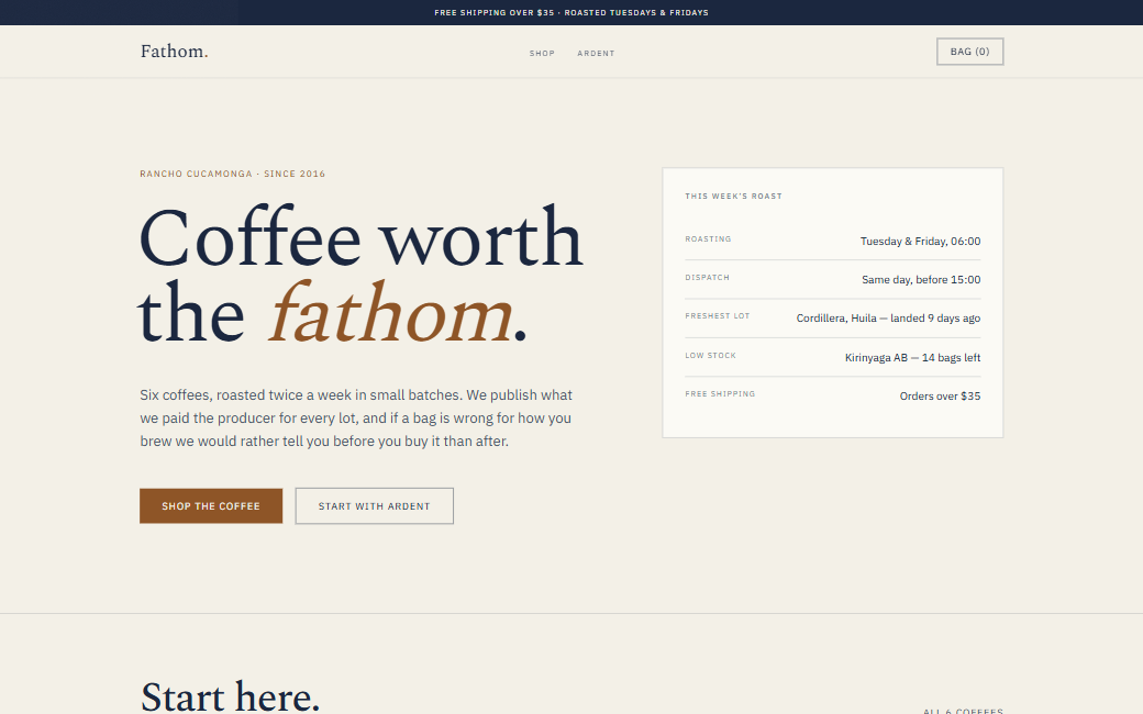 Home page of the Fathom Coffee Roasters site