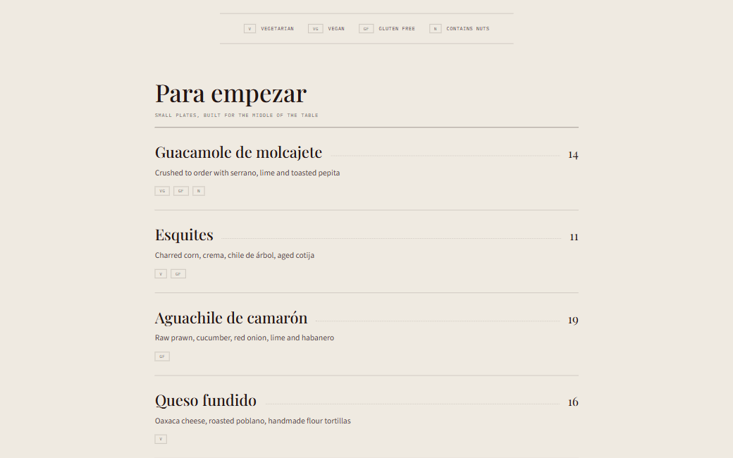 An interior page of the Rosalía demonstration build, showing the identity applied to dense content